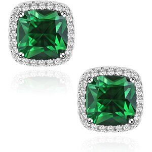 Women's Green Crystal Sterling Sparkling Square Cubic Zirconia Stud Earring